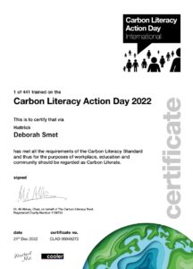 Marketing Manager, Deborah Smet took part in The Carbon Literacy Project Action Day 2022 - achieving the Climate Literacy Training accreditation