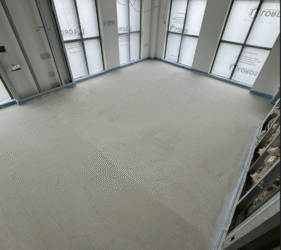 progress in Shoreditch, East London, with over 1,600m² LiteFlo® across multiple levels by Screed Fast